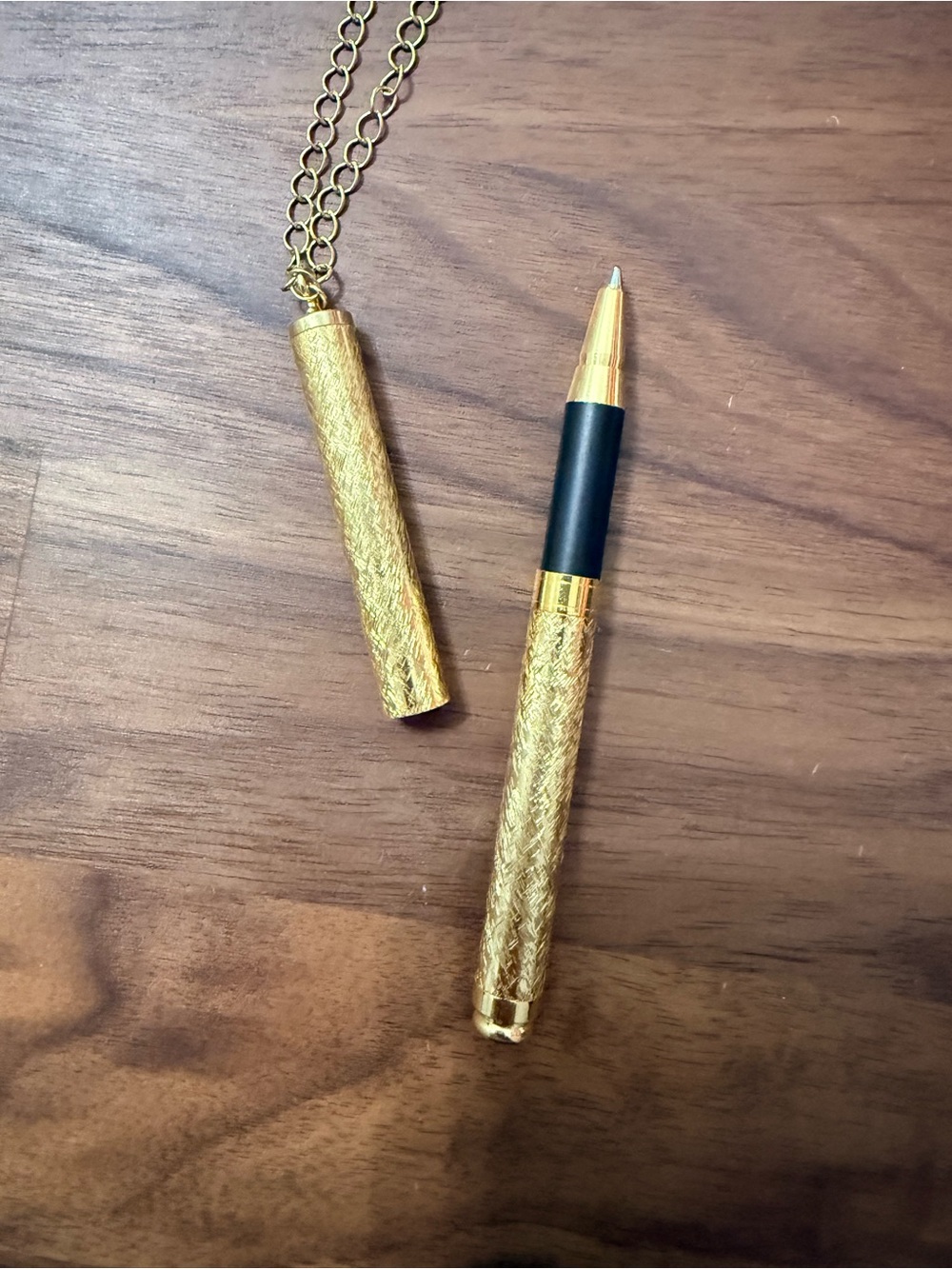1928 Gold Textured Pendant Pen Necklace with Black Accent